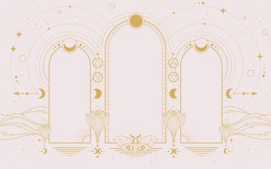 Dört element, kelebek, çiçekler, yıldızlar, güneş ve ay ile modern büyü astroloji kemeri. Çizgi sanatı okült vektör çizimi