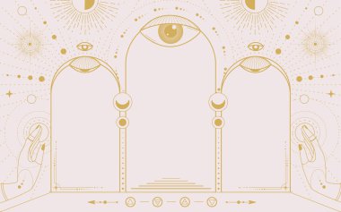 Modern büyü büyücülüğü astroloji kemeri her şeyi gören gözler, dört element, yıldızlar, eller, güneş ve ay. Çizgi sanatı okült vektör çizimi