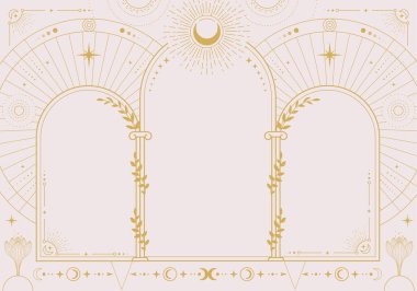 Modern sihirbazlık astrolojisi ay evreleri, kemerler, sütunlar, çiçekler, yıldızlar, güneş ve ay ile kaplıdır. Çizgi sanatı okült vektör çizimi
