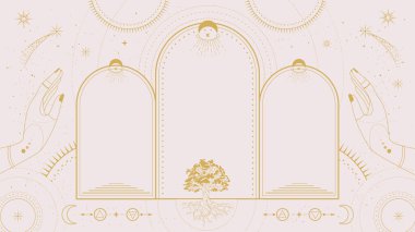 Dört element, meşe ağacı, yıldızlar, eller, güneş ve ay ile modern büyü astroloji kemeri. Çizgi sanatı okült vektör çizimi