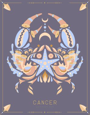 Astrolojili modern büyü kartı çiçek süslemeli Kanser burcu. Vektör illüstrasyonu