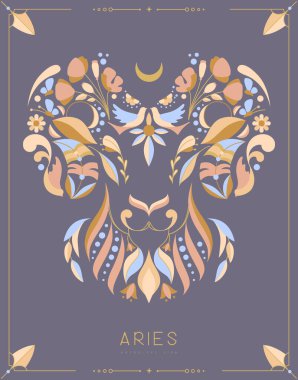 Astrolojili modern büyü kartı çiçek süslemeli Aries Zodyak işareti. Çiçekli koç kafalı. Vektör illüstrasyonu