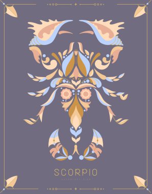 Astrolojili modern büyü kartı. Çiçek süslemeli Akrep burcu. Vektör illüstrasyonu