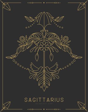 Astroloji yay burcuyla süslü modern büyü kartı çiçek süsüyle işaretlenmiş. Çizgi Sanat Vektörü illüstrasyonu
