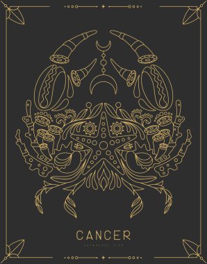 Astrolojili modern büyü kartı çiçek süslemeli Kanser burcu. Çizgi sanat vektörü illüstrasyonu