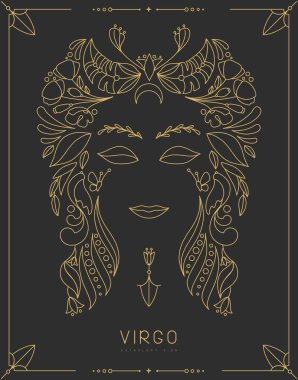 Astrolojili modern büyü kartı çiçek süslemeli Başak burcu işareti. Çizgi sanat vektörü illüstrasyonu