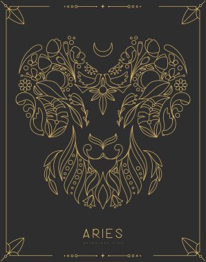 Astrolojili modern büyü kartı çiçek süslemeli Aries Zodyak işareti. Çiçekli koç kafalı. Çizgi sanat vektörü illüstrasyonu