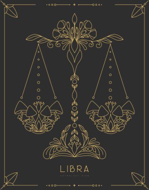 Astroloji burçlu modern büyü kartı. Çiçek süslemeli Terazi burcu işareti. Çizgi sanat vektörü illüstrasyonu