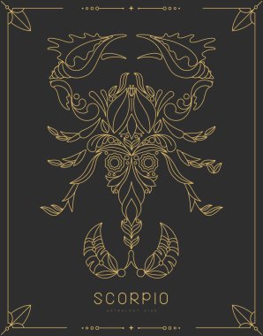 Astrolojili modern büyü kartı. Çiçek süslemeli Akrep burcu. Çizgi sanat vektörü illüstrasyonu