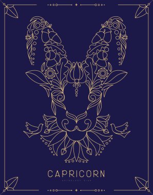 Astroloji burcu burcuna sahip modern büyü kartı çiçek süsüyle işaretlenmiş. Çizgi sanat vektörü illüstrasyonu