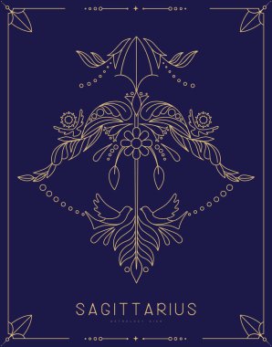 Astroloji yay burcuyla süslü modern büyü kartı çiçek süsüyle işaretlenmiş. Çizgi Sanat Vektörü illüstrasyonu