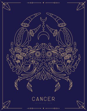 Astrolojili modern büyü kartı çiçek süslemeli Kanser burcu. Çizgi sanat vektörü illüstrasyonu