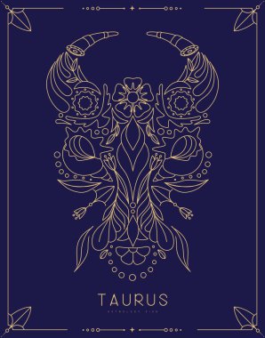 Astroloji burçlu modern büyü kartı. Çiçek süslemeli Taurus burcu. Çizgi sanat vektörü illüstrasyonu