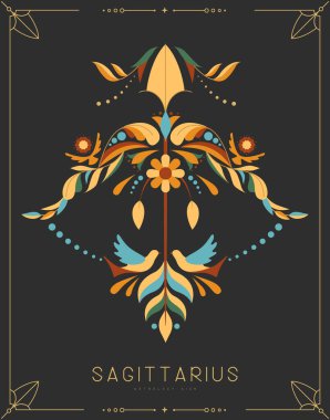 Astroloji yay burcuyla süslü modern büyü kartı çiçek süsüyle işaretlenmiş. Vektör illüstrasyonu