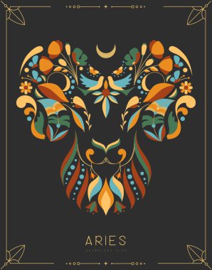 Astrolojili modern büyü kartı çiçek süslemeli Aries Zodyak işareti. Çiçekli koç kafalı. Vektör illüstrasyonu