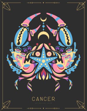 Astrolojili modern büyü kartı çiçek süslemeli Kanser burcu. Vektör illüstrasyonu