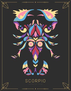 Astrolojili modern büyü kartı. Çiçek süslemeli Akrep burcu. Vektör illüstrasyonu