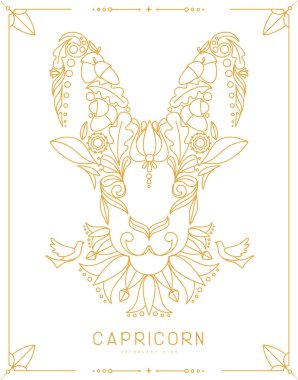 Astroloji burcu burcuna sahip modern büyü kartı çiçek süsüyle işaretlenmiş. Çizgi sanat vektörü illüstrasyonu