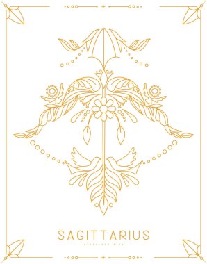 Astroloji yay burcuyla süslü modern büyü kartı çiçek süsüyle işaretlenmiş. Çizgi Sanat Vektörü illüstrasyonu