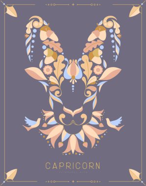 Astroloji burcu burcuna sahip modern büyü kartı çiçek süsüyle işaretlenmiş. Vektör illüstrasyonu