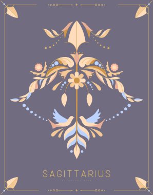 Astroloji yay burcuyla süslü modern büyü kartı çiçek süsüyle işaretlenmiş. Vektör illüstrasyonu