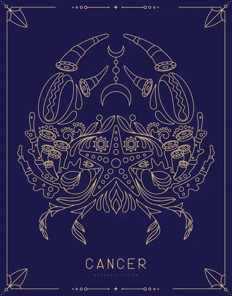 Astrolojili modern büyü kartı çiçek süslemeli Kanser burcu. Çizgi sanat vektörü illüstrasyonu