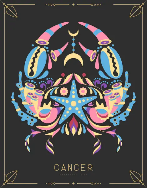 Astrolojili modern büyü kartı çiçek süslemeli Kanser burcu. Vektör illüstrasyonu