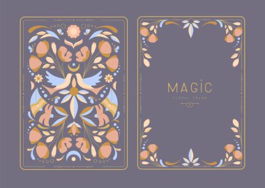 Çiçekli elementler ve süslemelerle modern büyü çerçeveleri. Dekoratif çiçekli sırt ve yüz kartı tasarımı. Vektör illüstrasyonu