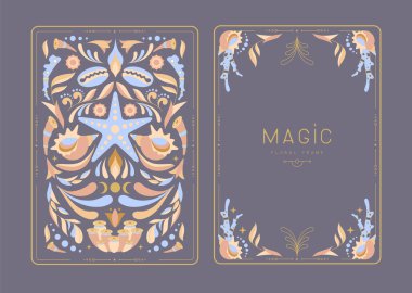 Çiçekli elementler ve süslemelerle modern büyü çerçeveleri. Dekoratif çiçekli sırt ve yüz kartı tasarımı. Vektör illüstrasyonu