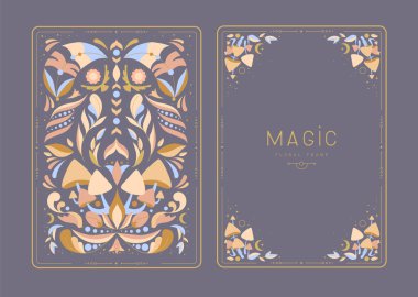 Çiçekli elementler ve süslemelerle modern büyü çerçeveleri. Dekoratif çiçekli sırt ve yüz kartı tasarımı. Vektör illüstrasyonu