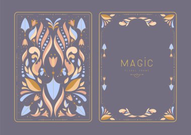 Çiçekli elementler ve süslemelerle modern büyü çerçeveleri. Dekoratif çiçekli sırt ve yüz kartı tasarımı. Vektör illüstrasyonu