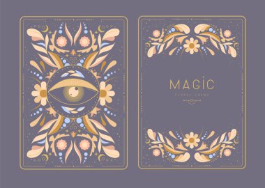 Çiçekli elementler ve süslemelerle modern büyü çerçeveleri. Dekoratif çiçekli sırt ve yüz kartı tasarımı. Vektör illüstrasyonu