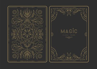 Çiçekli elementler ve süslemelerle modern büyü çerçeveleri. Dekoratif çiçekli sırt ve yüz kartı tasarımı. Vektör illüstrasyonu