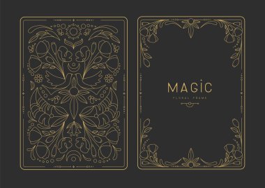 Çiçekli elementler ve süslemelerle modern büyü çerçeveleri. Dekoratif çiçekli sırt ve yüz kartı tasarımı. Vektör illüstrasyonu