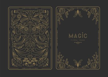 Çiçekli elementler ve süslemelerle modern büyü çerçeveleri. Dekoratif çiçekli sırt ve yüz kartı tasarımı. Vektör illüstrasyonu