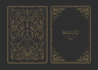 Çiçekli elementler ve süslemelerle modern büyü çerçeveleri. Dekoratif çiçekli sırt ve yüz kartı tasarımı. Vektör illüstrasyonu