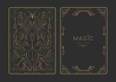 Çiçekli elementler ve süslemelerle modern büyü çerçeveleri. Dekoratif çiçekli sırt ve yüz kartı tasarımı. Vektör illüstrasyonu