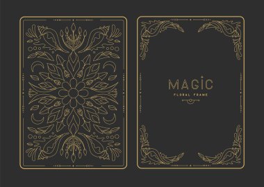 Çiçekli elementler ve süslemelerle modern büyü çerçeveleri. Dekoratif çiçekli sırt ve yüz kartı tasarımı. Vektör illüstrasyonu