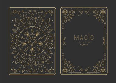 Çiçekli elementler ve süslemelerle modern büyü çerçeveleri. Dekoratif çiçekli sırt ve yüz kartı tasarımı. Vektör illüstrasyonu