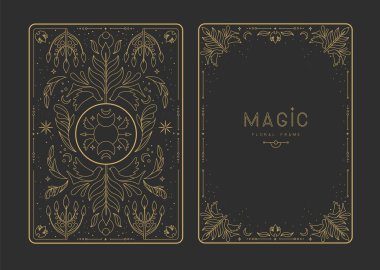 Çiçekli elementler ve süslemelerle modern büyü çerçeveleri. Dekoratif çiçekli sırt ve yüz kartı tasarımı. Vektör illüstrasyonu