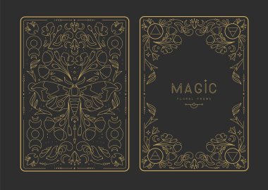 Çiçekli elementler ve süslemelerle modern büyü çerçeveleri. Dekoratif çiçekli sırt ve yüz kartı tasarımı. Vektör illüstrasyonu