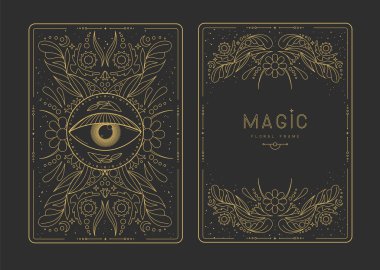 Çiçekli elementler ve süslemelerle modern büyü çerçeveleri. Dekoratif çiçekli sırt ve yüz kartı tasarımı. Vektör illüstrasyonu