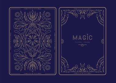 Çiçekli elementler ve süslemelerle modern büyü çerçeveleri. Dekoratif çiçekli sırt ve yüz kartı tasarımı. Vektör illüstrasyonu