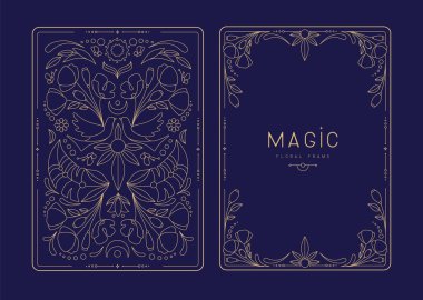 Çiçekli elementler ve süslemelerle modern büyü çerçeveleri. Dekoratif çiçekli sırt ve yüz kartı tasarımı. Vektör illüstrasyonu