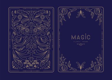 Çiçekli elementler ve süslemelerle modern büyü çerçeveleri. Dekoratif çiçekli sırt ve yüz kartı tasarımı. Vektör illüstrasyonu