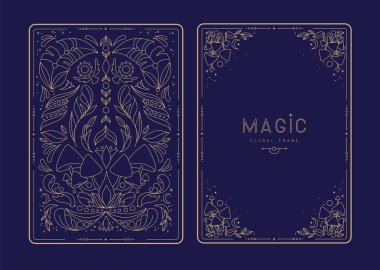 Çiçekli elementler ve süslemelerle modern büyü çerçeveleri. Dekoratif çiçekli sırt ve yüz kartı tasarımı. Vektör illüstrasyonu