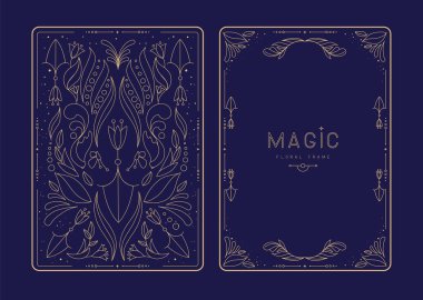 Çiçekli elementler ve süslemelerle modern büyü çerçeveleri. Dekoratif çiçekli sırt ve yüz kartı tasarımı. Vektör illüstrasyonu