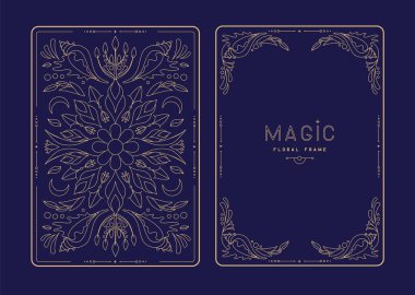 Çiçekli elementler ve süslemelerle modern büyü çerçeveleri. Dekoratif çiçekli sırt ve yüz kartı tasarımı. Vektör illüstrasyonu