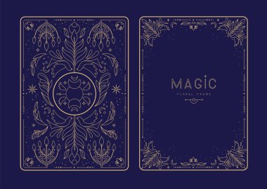 Çiçekli elementler ve süslemelerle modern büyü çerçeveleri. Dekoratif çiçekli sırt ve yüz kartı tasarımı. Vektör illüstrasyonu