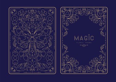 Çiçekli elementler ve süslemelerle modern büyü çerçeveleri. Dekoratif çiçekli sırt ve yüz kartı tasarımı. Vektör illüstrasyonu